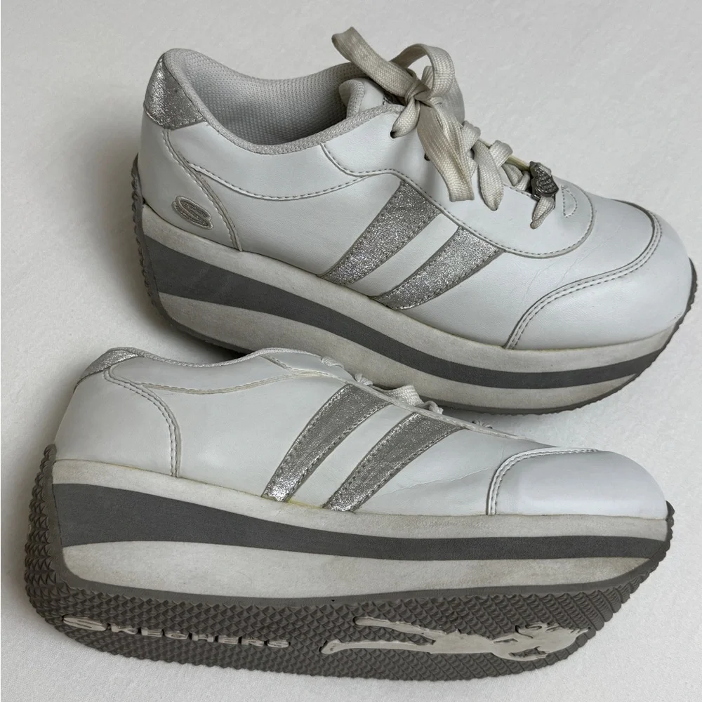 Vintage Y2K Platform Skechers Silver & White Heart Charms Size 9 Retro 90’s